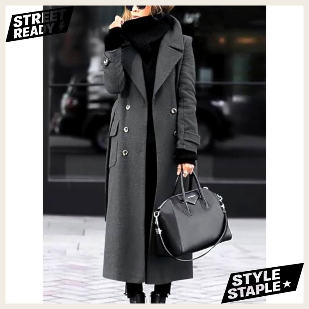 Long Wool Blend Pea Coat Double Breasted Notch Collar Winter Overcoat - Picture 2 of 2